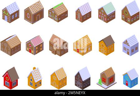 Gingerbread house icons set. Isometric set of gingerbread house vector icons for web design isolated on white background Stock Vector