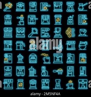 Coffee machine icons set. Outline set of coffee machine vector icons neon color on black Stock Vector