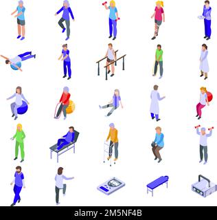 Physical therapist icons set. Isometric set of physical therapist vector icons for web design isolated on white background Stock Vector