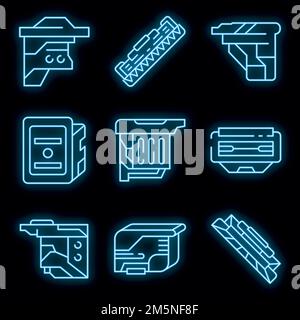 Cartridge icons set. Outline set of cartridge vector icons neon color on black Stock Vector
