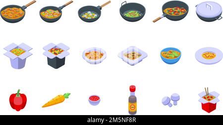 Wok menu icons set. Isometric set of wok menu vector icons for web design isolated on white background Stock Vector