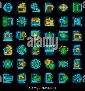 Digital wallet icons set. Outline set of digital wallet vector icons neon color on black Stock Vector