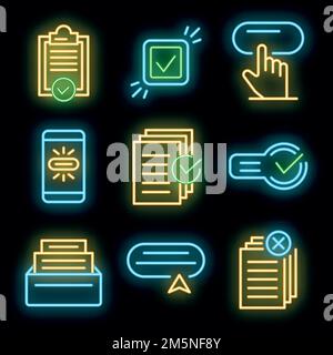 Request icons set. Outline set of request vector icons neon color on black Stock Vector