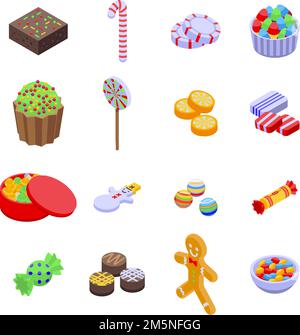 Christmas candy icons set. Isometric set of christmas candy vector icons for web design isolated on white background Stock Vector