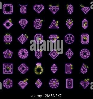 Jewel icons set. Outline set of jewel vector icons neoncolor on black Stock Vector