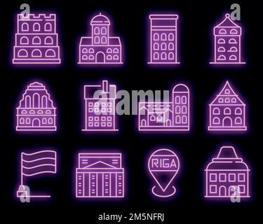 Riga icons set. Outline set of Riga vector icons neoncolor on black Stock Vector