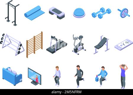 Home gym icons set. Isometric set of home gym vector icons for web design isolated on white background Stock Vector