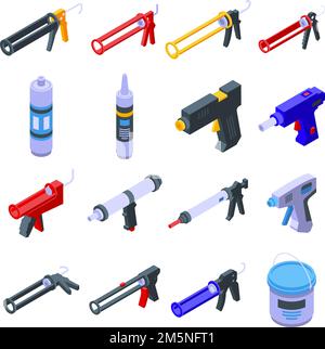 Silicone caulk gun icons set. Isometric set of silicone caulk gun vector icons for web design isolated on white background Stock Vector