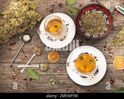 Herbal tea, cups, herb, color, relaxation Stock Photo