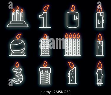 Birthday candle icons set. Outline set of birthday candle vector icons neoncolor on black Stock Vector