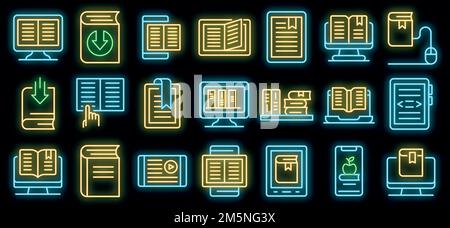 Ebook icons set. Outline set of ebook vector icons neon color on black Stock Vector