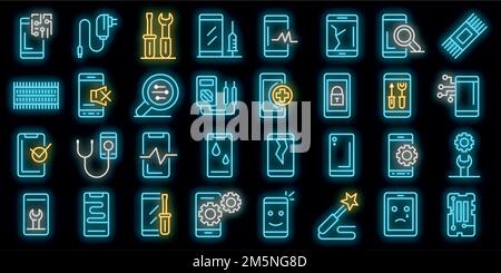 Mobile phone repair icons set. Outline set of mobile phone repair vector icons neon color on black Stock Vector