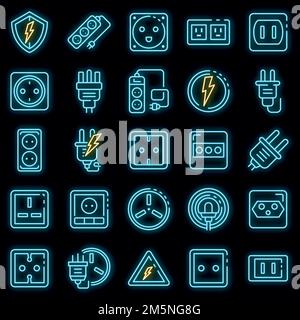 Power socket icons set. Outline set of power socket vector icons neon color on black Stock Vector