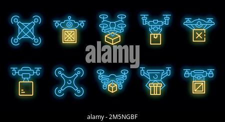 Drone delivery service icons set. Outline set of drone delivery service vector icons neon color on black Stock Vector