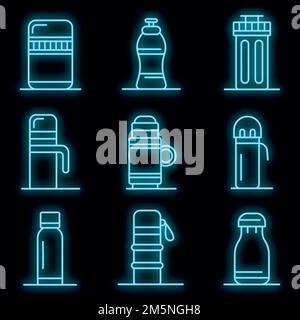 Vacuum insulated water bottle icons set. Outline set of vacuum insulated water bottle vector icons neon color on black Stock Vector