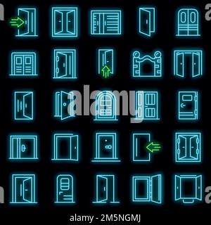 Entrance icons set. Outline set of entrance vector icons neoncolor on black Stock Vector
