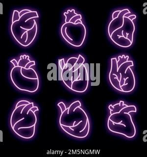 Human heart icons set. Outline set of human heart vector icons neon color on black Stock Vector