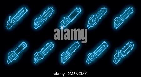 Chainsaw icons set. Outline set of chainsaw vector icons neon color on black Stock Vector