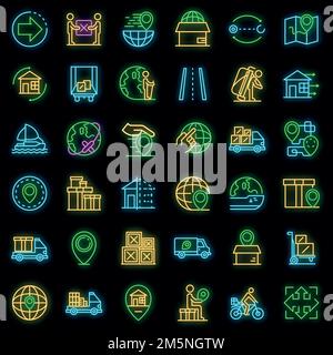 Relocation icons set. Outline set of relocation vector icons neoncolor on black Stock Vector
