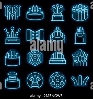 Optical fiber icons set. Outline set of optical fiber vector icons neoncolor on black Stock Vector