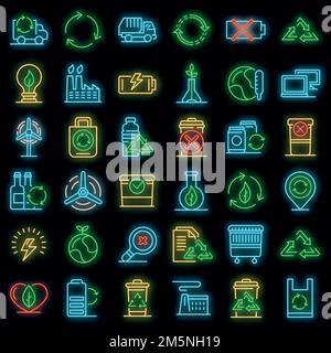 Recycling icons set. Outline set of recycling vector icons neon color on black Stock Vector