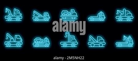 Tow truck icons set. Outline set of tow truck vector icons neon color on black Stock Vector
