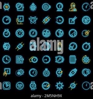 Watch repair icons set. Outline set of watch repair vector icons neon color on black Stock Vector