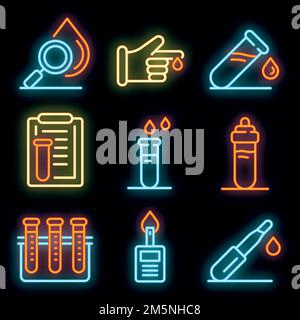 Blood test icons set. Outline set of blood test vector icons neoncolor on black Stock Vector