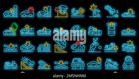 Car accident icons set. Outline set of car accident vector icons neon color on black Stock Vector