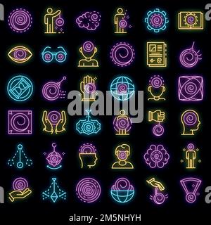 Hypnosis icons set. Outline set of hypnosis vector icons neon color on black Stock Vector