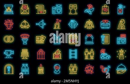 Wedding ceremony icons set. Outline set of wedding ceremony vector icons neon color on black Stock Vector