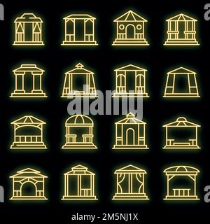 Gazebo icons set. Outline set of gazebo vector icons neon color on black Stock Vector