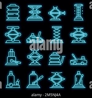 Jack-screw icons set. Outline set of jack-screw vector icons neon color on black Stock Vector