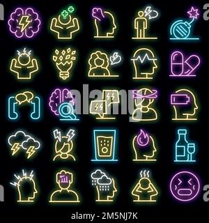 Stress icons set. Outline set of stress vector icons neon color on black Stock Vector