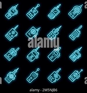 Walkie talkie icons set. Outline set of walkie talkie vector icons neon color on black Stock Vector