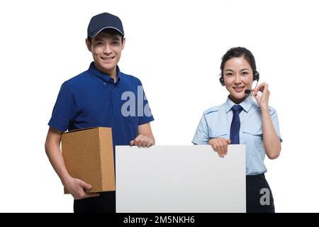 Logistics delivery and customer service staff with the whiteboard Stock Photo