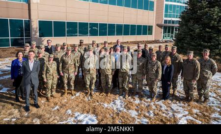 Lt. Gen. Stephen Whiting, Space Operations Command Commander (center left), Lt. Gen. Michael Guetlein, Space Systems Command Commander (center), and Brig. Gen. Shawn Bratton, Space Training and Readiness Command Commander (center right), pose for a group photo with U.S. Space Force field command leadership during the FIELDCOM Summit, Feb. 25, 2022 in Colorado Springs, CO. Stock Photo