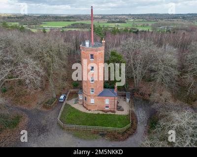 Aerial view of Chatley Heath Semaphore Tower, Ockham Common, Cobham, Surrey, UK. Stock Photo