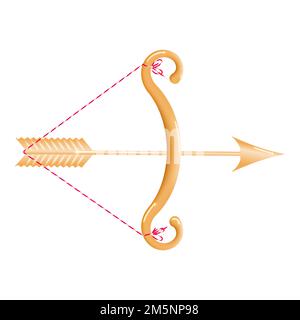 Golden bow 3d with a stretched string and a loaded golden arrow isolated on a white background. Cartoon yellow bow with arrow. Vector illustration. Stock Vector