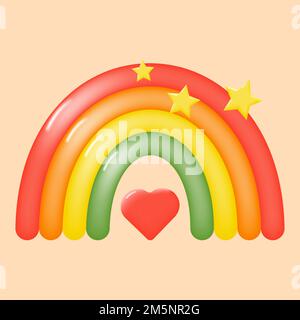 Colorful 3d rainbow with stars and a heart. Cartoon rainbow for childish decor. Vector illustration. Stock Vector