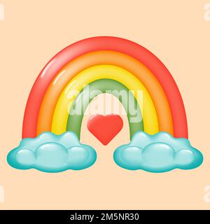 Cute 3d cartoon rainbow with clouds and a heart on a beige background. Bright background with colorful rainbow. Design concept for children. Vector il Stock Vector