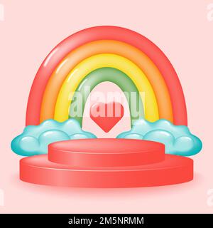 Pink podium with a rainbow and clouds on a pink background. Cartoon colorful podium for product promotion. Vector illustration. Stock Vector