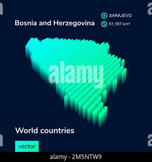 Bosnia and Herzegovina 3D map. Stylized neon simple digital isometric striped vector Map of Bosnia and Herzegovina is in green, turquoise and mint colors on the dark blue background Stock Vector