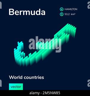Bermuda 3D map. Stylized isometric striped digital neon vector Map of Bermuda is in green and mint colors on the dark blue background Stock Vector