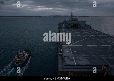 220226-N-TI693-1025    ATLANTIC OCEAN - (Feb. 26, 2022) The Expeditionary Sea Base USS Hershel 'Woody' Williams (ESB 4), makes her approach to Naval Station Rota, Spain, Feb. 26, 2022. Hershel 'Woody' Williams is on a scheduled deployment in the U.S. Sixth Fleet area of operations in support of U.S. national interests and security in Europe and Africa. Stock Photo