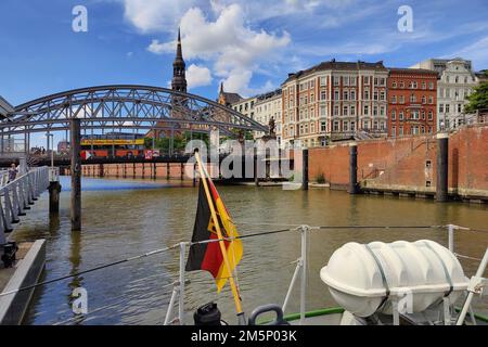 View from the museum ship of the Coast Guard Oldenburg of the German Customs Museum to the Kornhaus Bridge, Hamburg, Germany Stock Photo