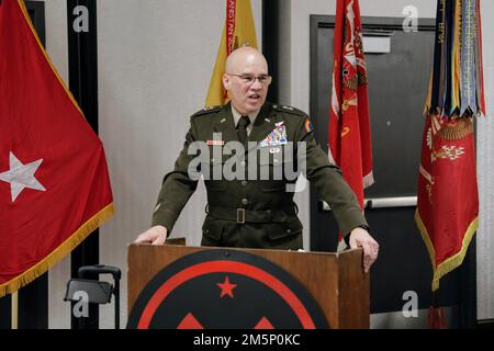 U.S. Army Maj. Gen. Thomas Spencer, commander of the 42nd Infantry Division, New York Army National Guard presents the keynote speech during a dining in for senior leaders of the divison's 27th Infantry Brigade Combat Team in Syracuse, New York, February 26, 2022. The dining in was part of a leaders workshop weekend, which served to prepare the IBCT for upcoming deployments and development of its future forces. Stock Photo