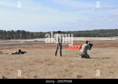 These soldiers from the 1st Battalion 69th Infantry, NYARNG completing fire and maneuver exercise on Range 47B on the Fort Dix Range Complex. During this training each platoon is expected to maneuver using cover through fire towards a flank of an enemy machine gun or strongpoint. When advancing, the 1st Half-Platoon would keep the enemy position busy with supporting weapons fire while the 2nd Half-Platoon would maneuver to a flank, or rear, and roll up the threat. (Photos taken by the Fort Dix [TSC] Training Support Center) Stock Photo