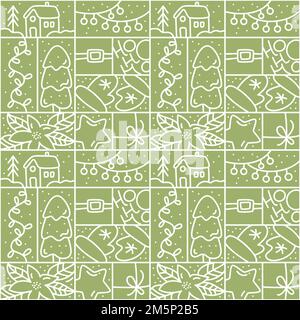 Christmas logo advent seamless pattern snowflake, gift box, house, garland, sock and tree on green background. Hand drawn monoline winter vector Stock Vector