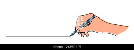 Hand holding a pencil and drawing a line, isolated on white background Stock Vector
